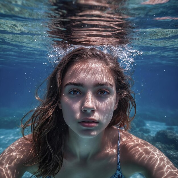 Une belle fille nage sous l'eau dans l'océan
