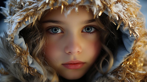 Belle fille de Noël avec des yeux audacieux et un costume d'hiver