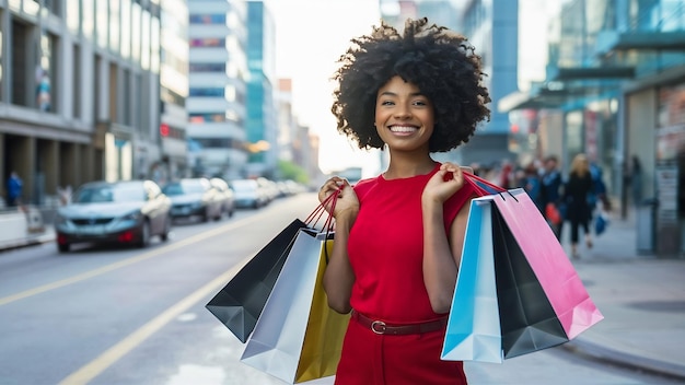 Une belle fille noire avec des sacs d'achat dans une ville