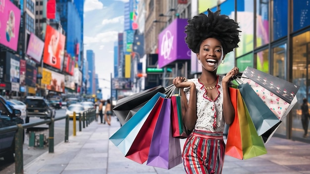 Une belle fille noire avec des sacs d'achat dans une ville