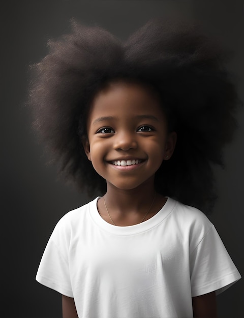 Belle fille noire souriante en t-shirt blanc Maquette avec fond blanc