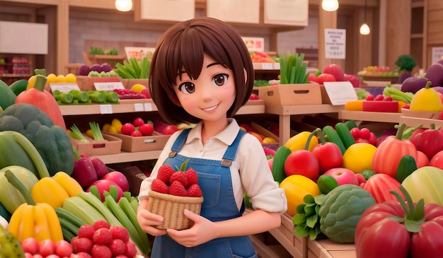 Belle fille ouvrière de supermarché sur fond de légumes et de fruits IA générative