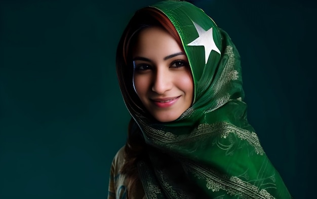 Photo belle fille pakistanaise dans la célébration de la journée du pakistan le 14 août avec le drapeau vert du pakistan s