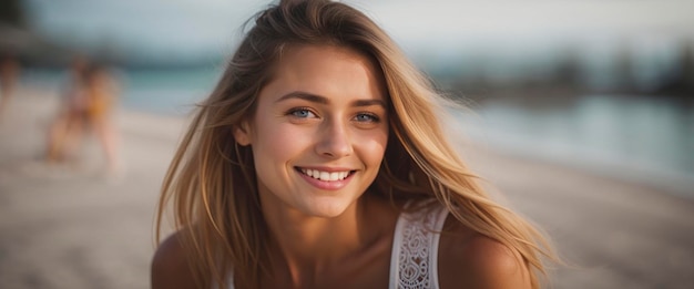 Belle fille sur la plage beau sourire généré par l'IA