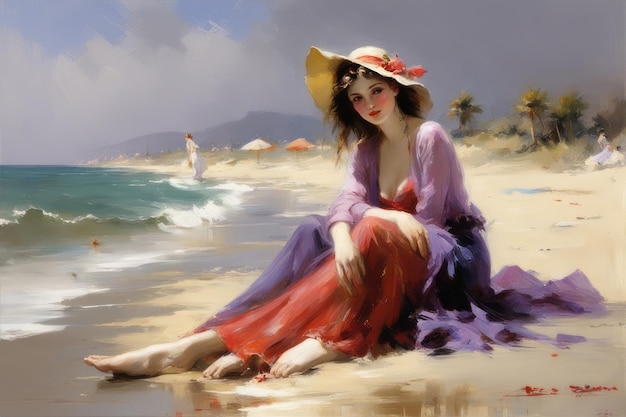 belle fille sur la plage avec un chapeau en arrière-planjeune femme avec un sac sur la plagebelle gir