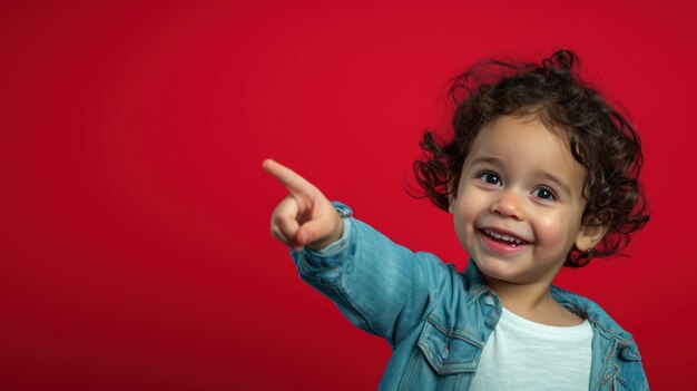 Belle fille pointant vers le côté souriant sur un fond rouge