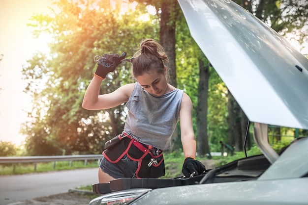 Belle fille porte des shorts courts et des t-shirts regardant dans le compartiment moteur d'une voiture en panne