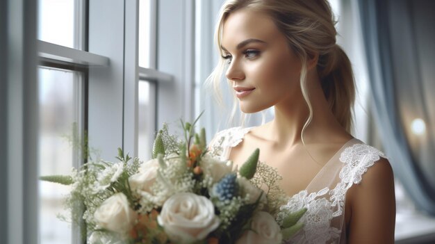 belle fille porter une robe de mariée blanche et tenant des fleurs et s'asseoir sur un canapé