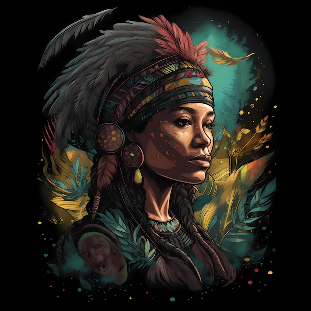 Belle fille des Premières nations indigènes portant une coiffure de plumes traditionnelle tenue tribale et caillot