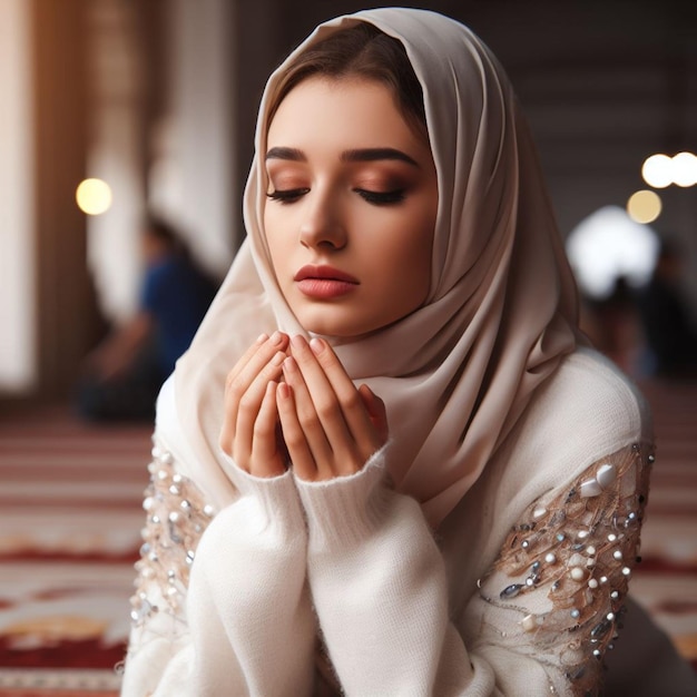 Une belle fille priant dans une mosquée.