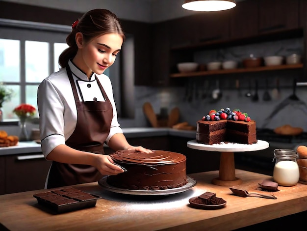 Une belle fille qui fait un gâteau au chocolat IA générative