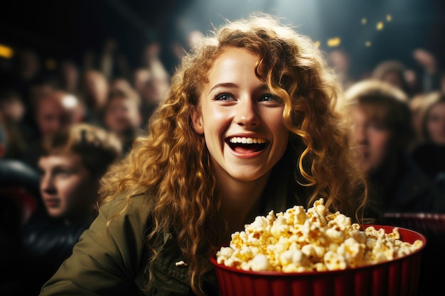 Belle fille qui rit avec du pop-corn au cinéma en regardant un film