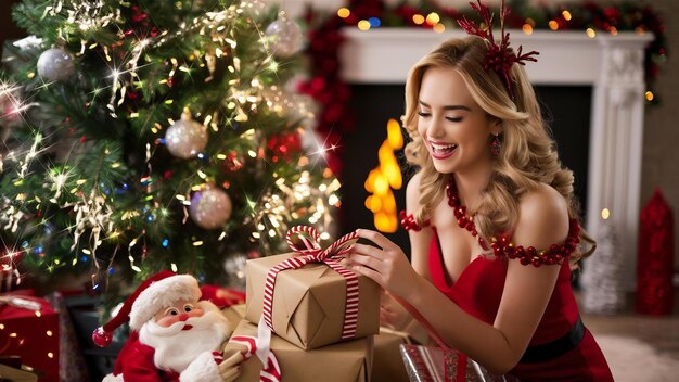 Une belle fille rit et ouvre un cadeau du Père Noël près de l'arbre du Nouvel An.
