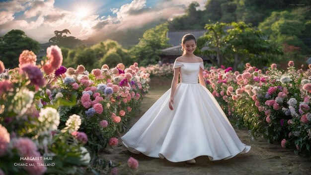 Photo une belle fille en robe blanche se promène dans les champs de fleurs de margarite de chiang mai en thaïlande