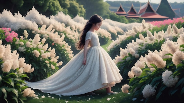 Photo une belle fille en robe blanche se promène dans les champs de fleurs de margarite de chiang mai en thaïlande