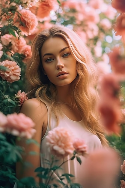 Une belle fille romantique dans une belle robe se tient au printemps près d'un buisson de rose et coloré