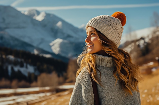 Une belle fille roule dans une voiture dans les montagnes en hiver en vacances.