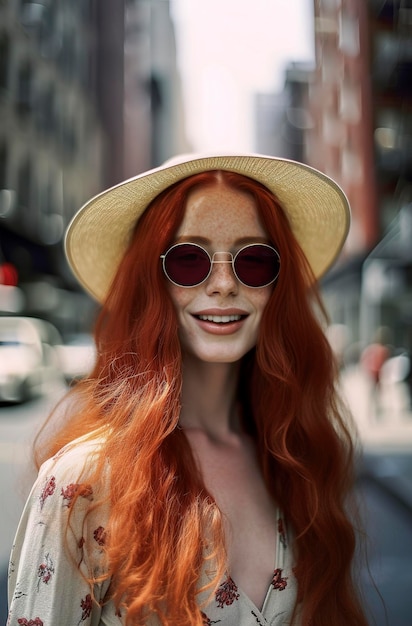 Belle fille rousse dans la vingtaine dans un chapeau et des lunettes de soleil dans une robe à la mode dans les rues de new york au soleil