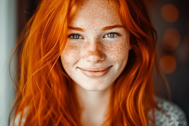 Une belle fille rousse sourit sincèrement en regardant directement l'appareil photo Portrait en gros plan