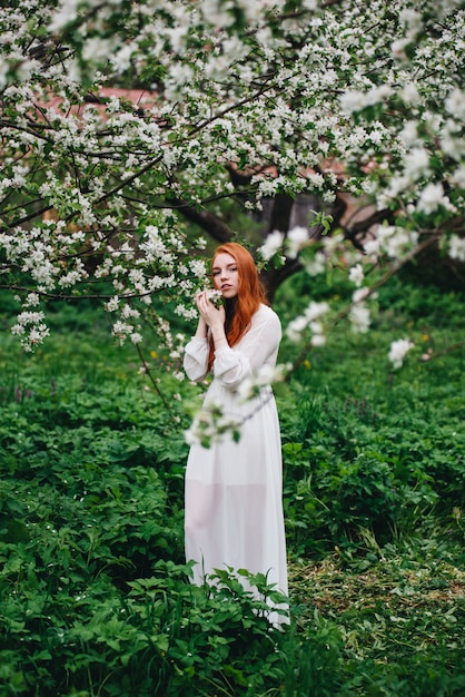 Belle fille rousse vêtue d'une robe blanche au milieu des pommiers en fleurs dans le jardin.