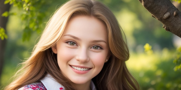 Une belle fille russe souriante Portrait sur un fond flou de la nature