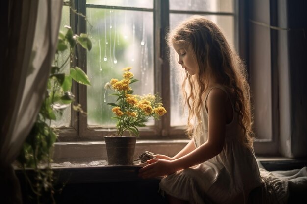 Une belle fille s'occupe des fleurs de la maison sur la fenêtre le soir