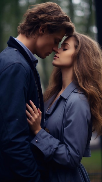 une belle fille se lève et le gars l'embrasse et veut l'embrasser une photo verticale du profil du parc