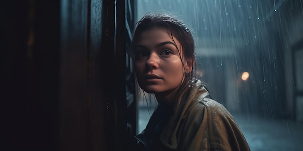 Une belle fille se mettant à l'abri de la pluie AI générative