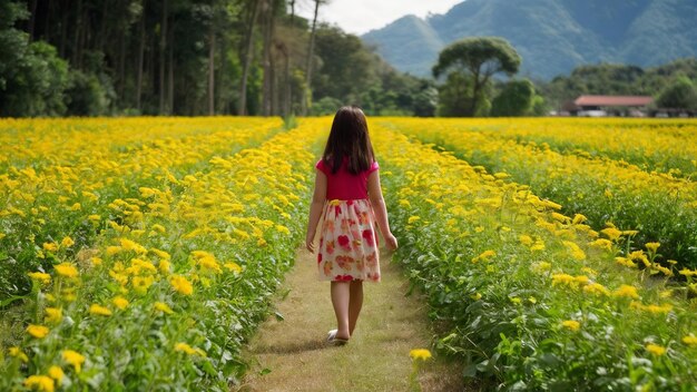 Une belle fille se promène dans les champs de fleurs de coupe à Chiang Mai en Thaïlande