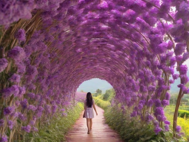 Une belle fille se promène dans le tunnel des fleurs violettes à Chain Rai, en Thaïlande.