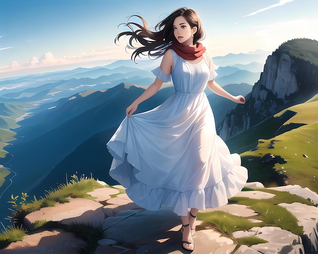 une belle fille se tenant triomphalement sur un sommet de montagne Ai généré