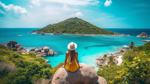 Une belle fille se tient sur un point de vue sur l'île de Koh Nangyuan près de l'île Koh Tao Surat Thani en Thaïlande