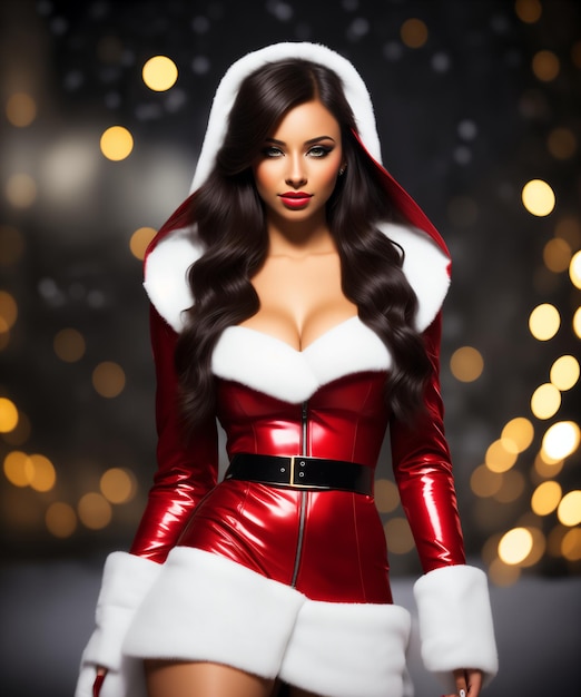 Une belle fille sexy portant des vêtements de Père Noël sur le fond de Noël