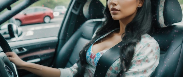 belle fille sexy en robe noire et blanche avec une voiture