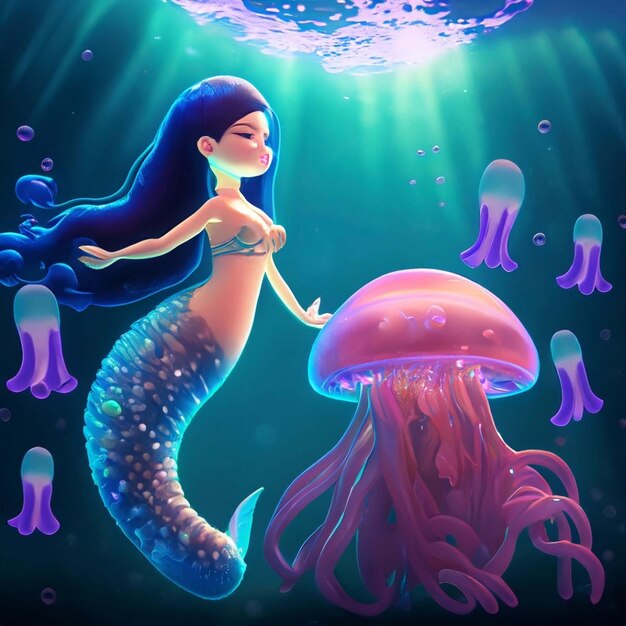 Photo belle fille sirène aux longs cheveux bouclés rouges nage sous l'eau dans l'océan dans un récif de corail