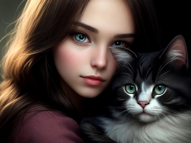 Photo une belle fille avec son mignon chat