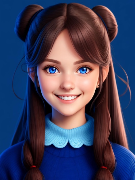 Belle fille souriante aux cheveux longs queues jumelles yeux bleus pull rouge fond simple