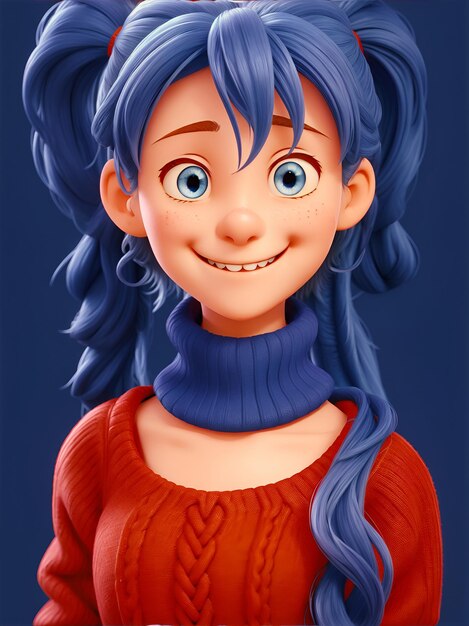 Belle fille souriante aux cheveux longs twintails yeux bleus pull rouge fond simple