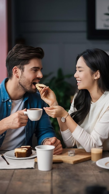 Une belle fille souriante nourrit son beau petit ami en mangeant un délicieux gâteau et en buvant du café