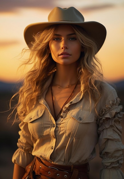 Belle fille avec un sourire sur son visage dans un chapeau de cowboy sur le fond d'un beau coucher de soleil