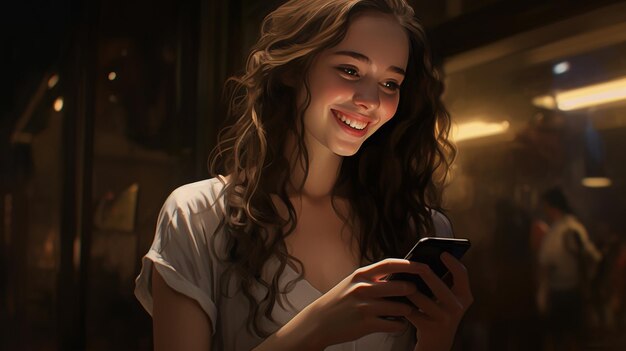 Photo une belle fille sourit en regardant un téléphone intelligent sur un fond sombre.