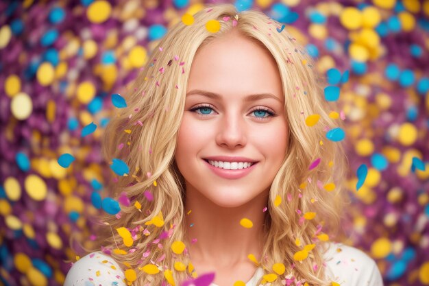 Une belle fille sourit et regarde directement dans l'appareil photo des confettis colorés tombent autour de son visage Generative AI