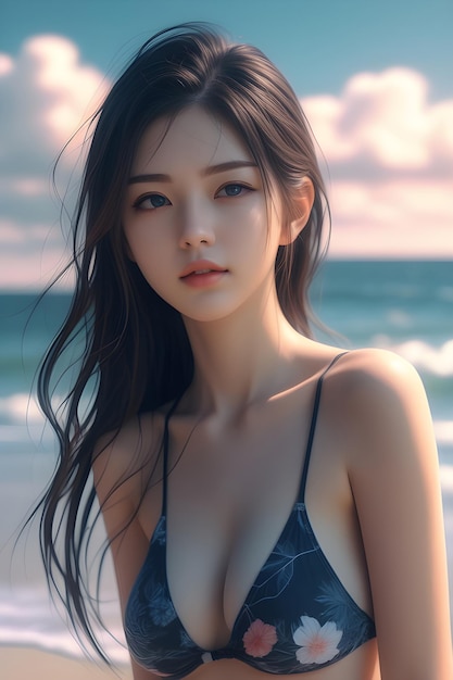 Belle fille de style anime avec de longs cheveux flottants 3d portant un maillot de bain en deux morceaux sur la plage