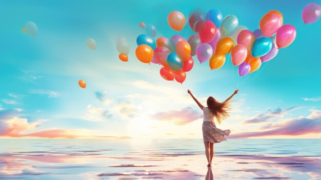 Photo une belle fille tenant des ballons colorés et sautant sur la plage au fond bleu du ciel généré par l'ia