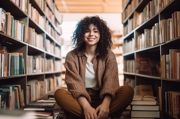 Une belle fille tenant un livre assise et souriante dans la bibliothèque