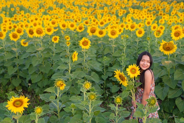 Belle fille tient tournesol debout à l'arrière-plan classé fleur