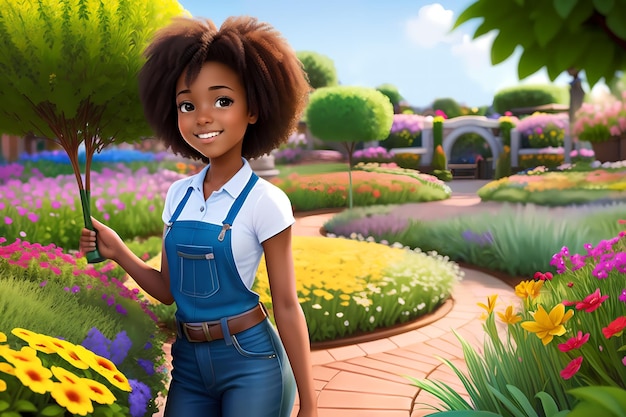 Belle fille travaillant un jardinier Fille afro-américaine plantant des fleurs AI