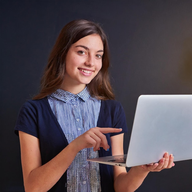 une belle fille utilisant un ordinateur portable pointant sur un fond noir