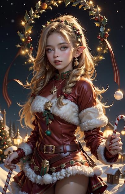 Photo une belle fille en vêtements de père noël sur le fond du village de noël