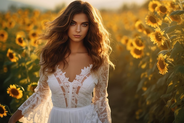 Une belle fille vêtue d'une robe blanche se tient dans un champ.